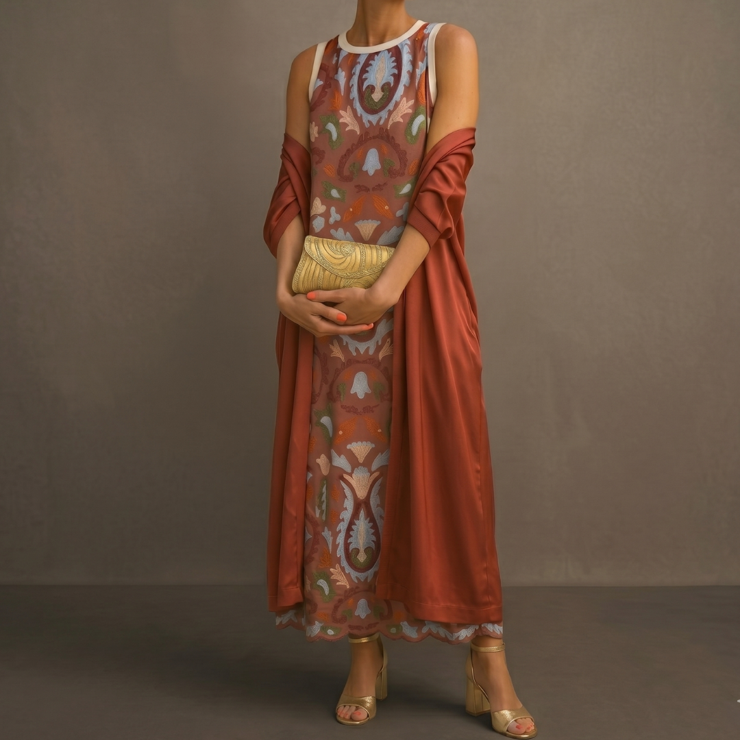 Aura | Abito Lungo Stampato con Gilet Coordinato