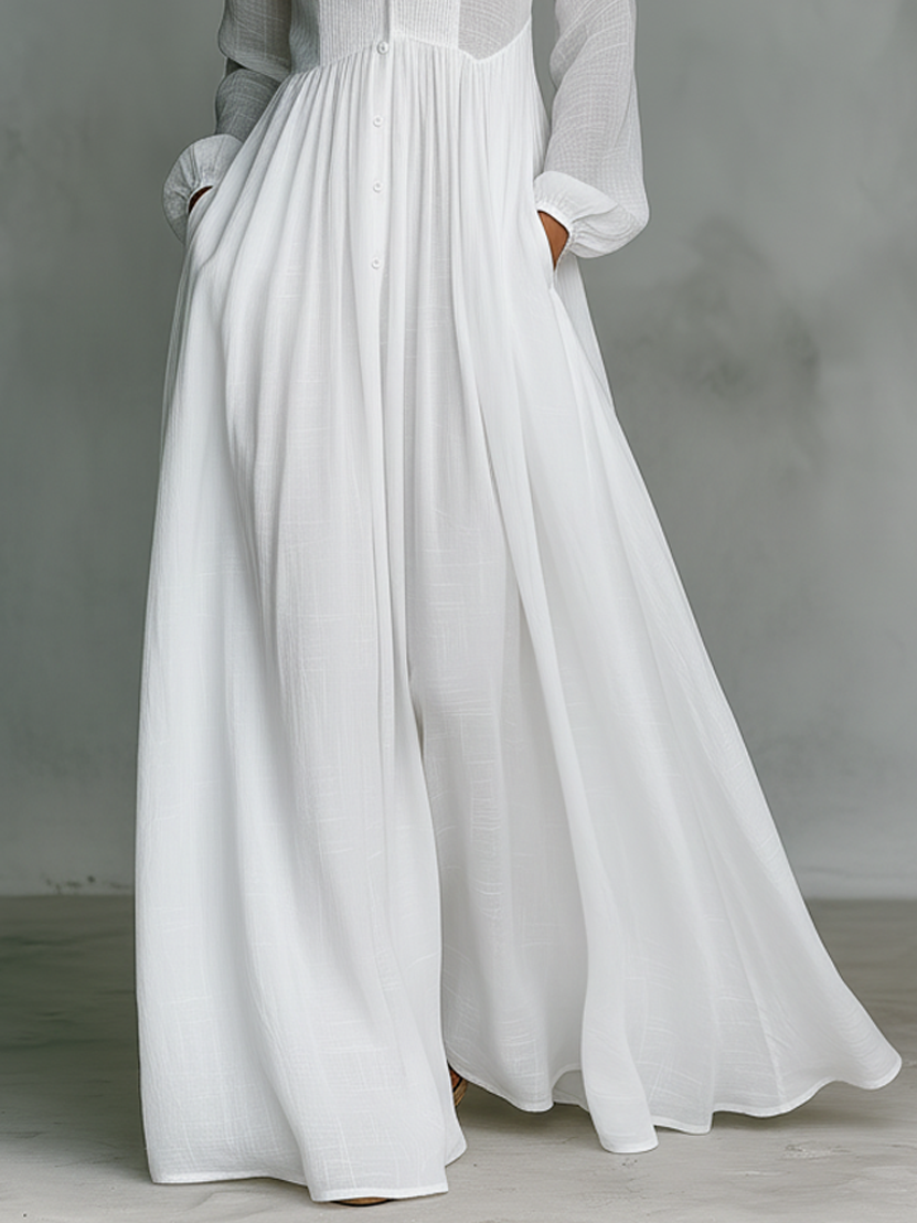 Elisa | Maglia maxi minimalista in cotone e lino con patchwork, collo alto e maniche lunghe