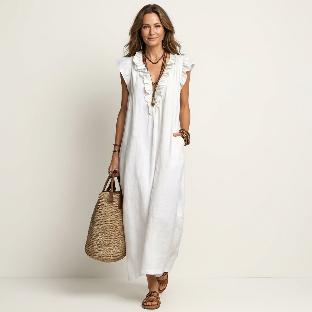 Josette | Maxi Abito in Lino con Scollo a V e Volant
