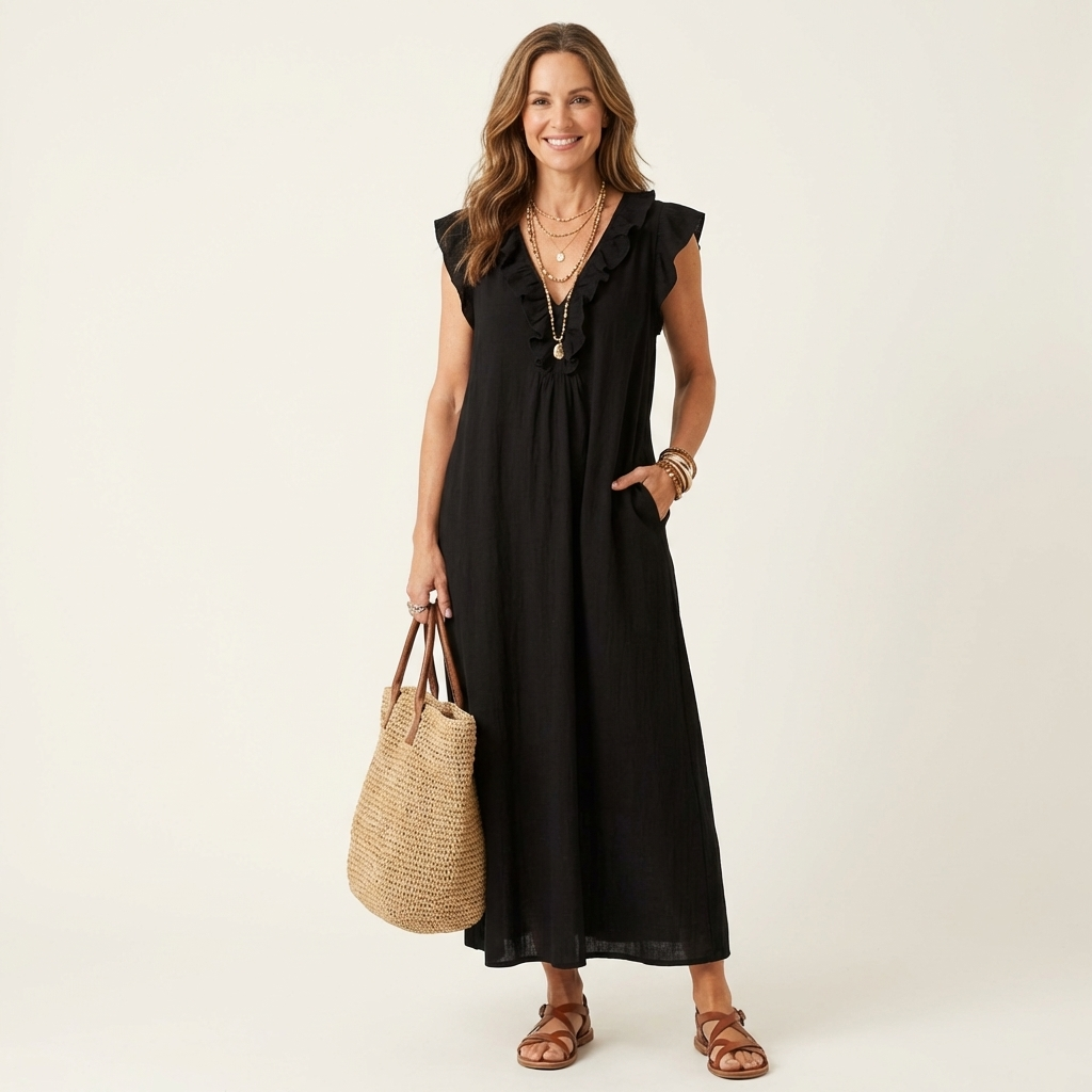 Josette | Maxi Abito in Lino con Scollo a V e Volant