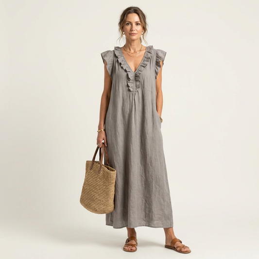 Josette | Maxi Abito in Lino con Scollo a V e Volant