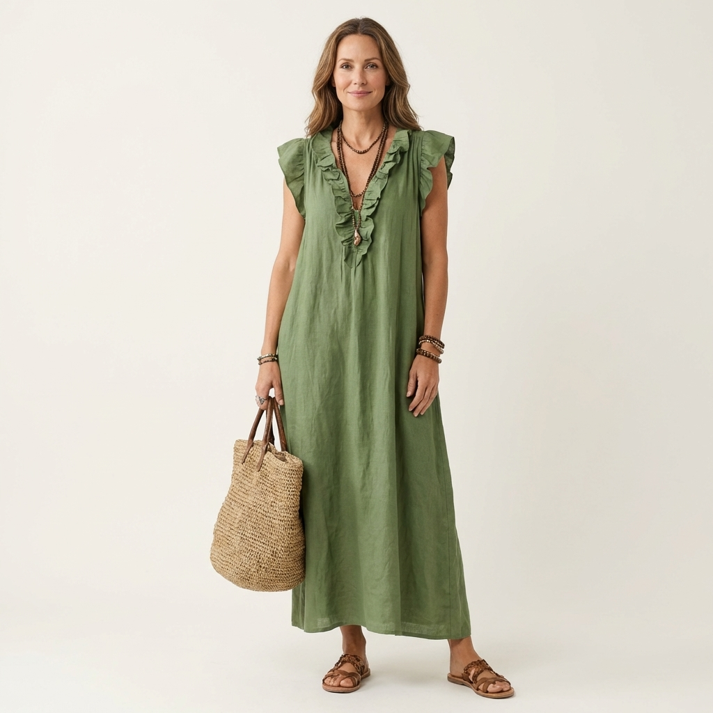 Josette | Maxi Abito in Lino con Scollo a V e Volant