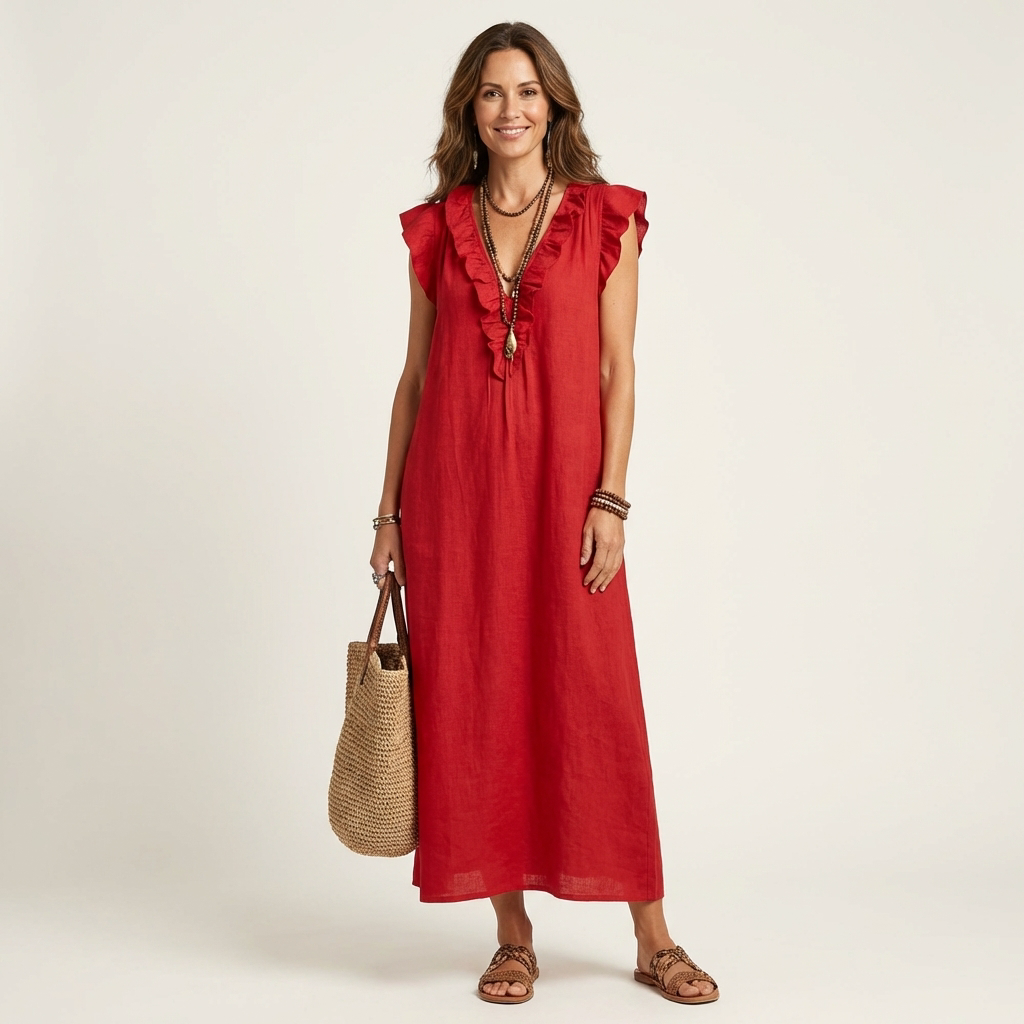 Josette | Maxi Abito in Lino con Scollo a V e Volant