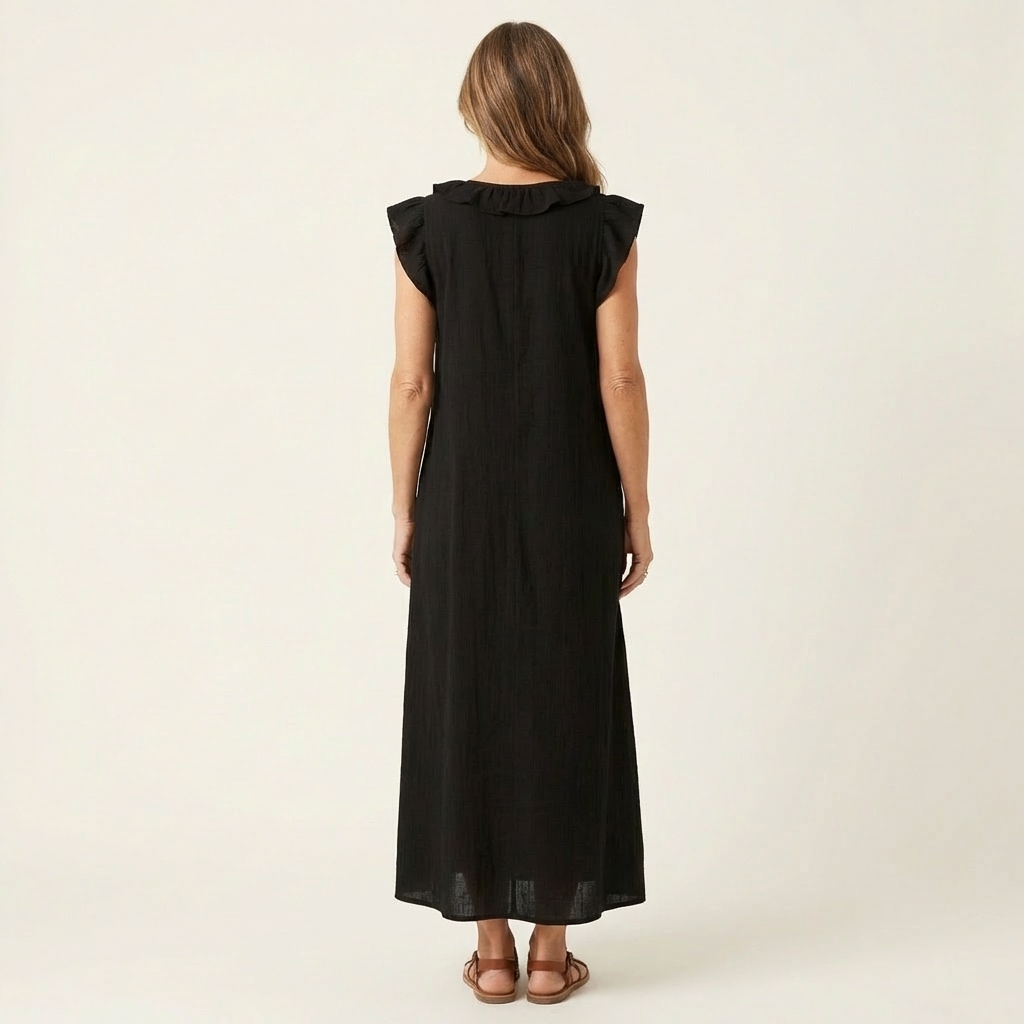 Josette | Maxi Abito in Lino con Scollo a V e Volant