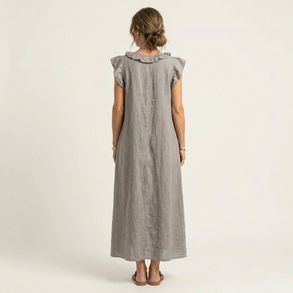 Josette | Maxi Abito in Lino con Scollo a V e Volant