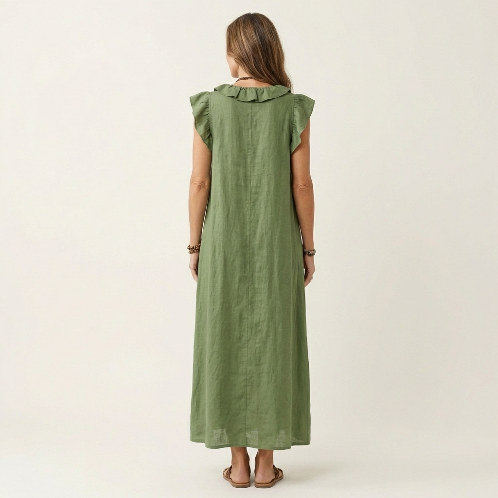 Josette | Maxi Abito in Lino con Scollo a V e Volant
