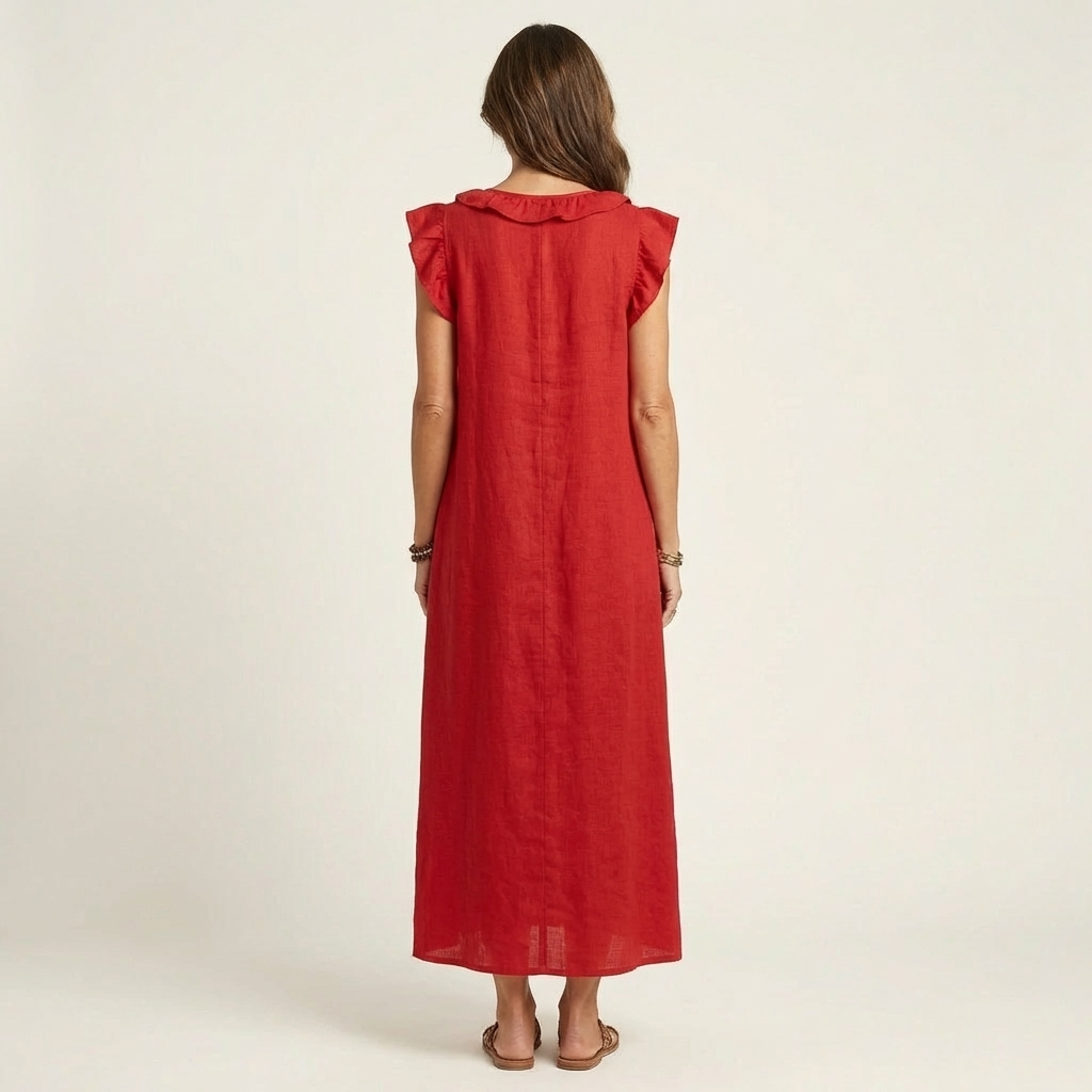 Josette | Maxi Abito in Lino con Scollo a V e Volant