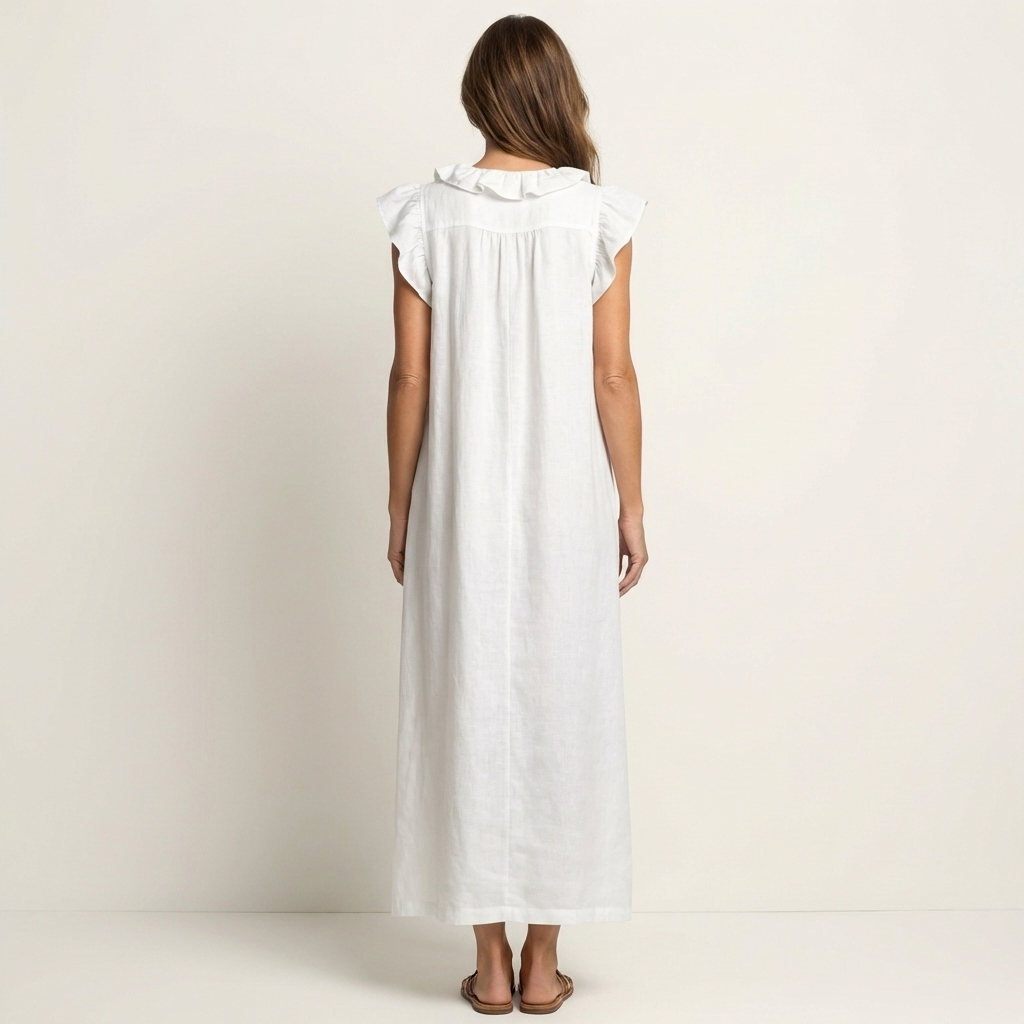 Josette | Maxi Abito in Lino con Scollo a V e Volant