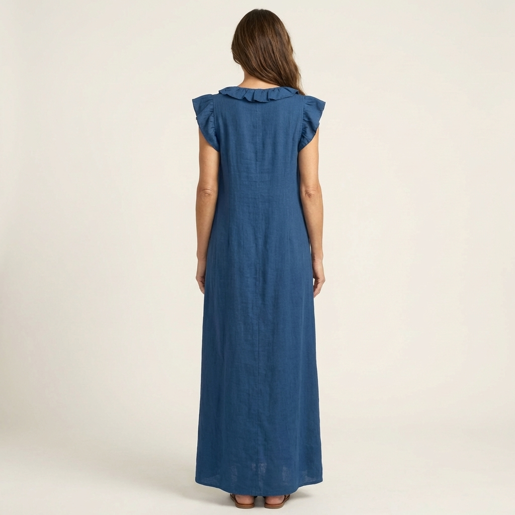 Josette | Maxi Abito in Lino con Scollo a V e Volant