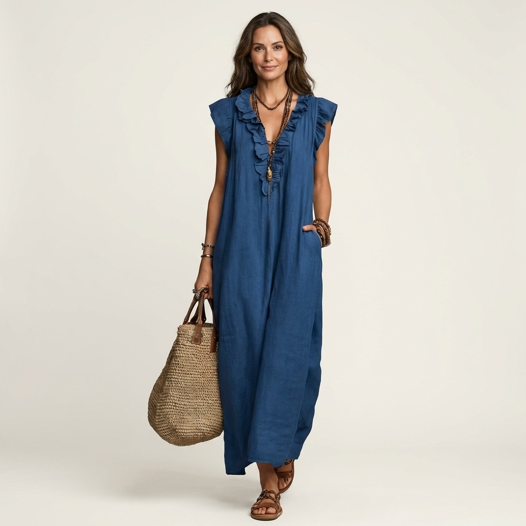 Josette | Maxi Abito in Lino con Scollo a V e Volant
