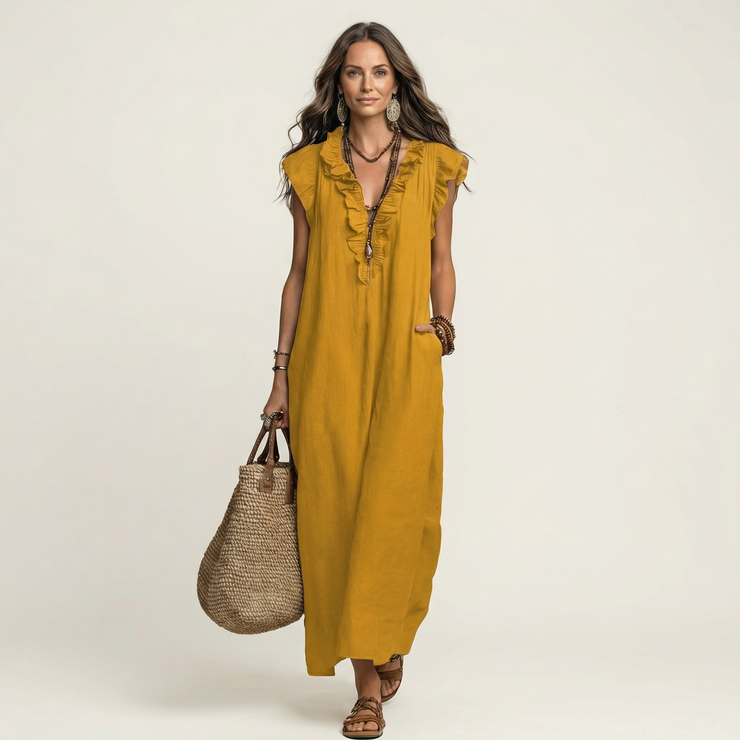 Josette | Maxi Abito in Lino con Scollo a V e Volant
