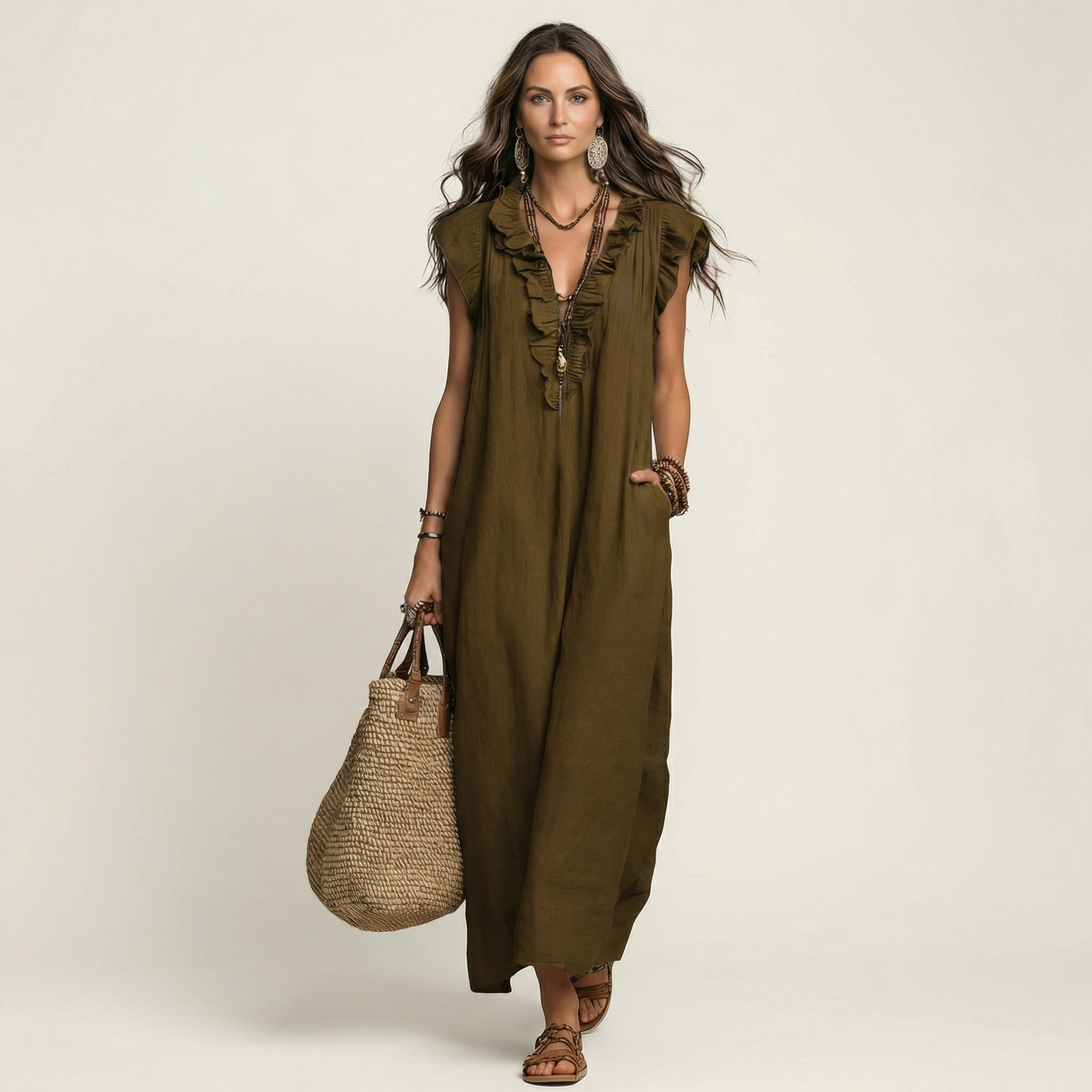 Josette | Maxi Abito in Lino con Scollo a V e Volant