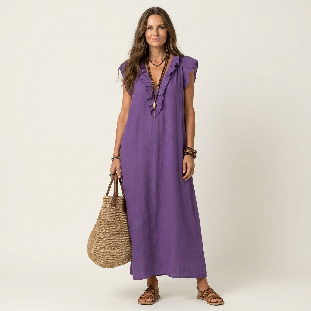 Josette | Maxi Abito in Lino con Scollo a V e Volant
