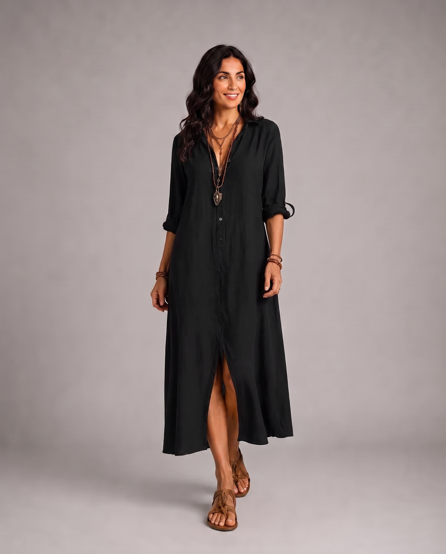 Maxi Abito Camicia Bohémien con Bottoni Frontali