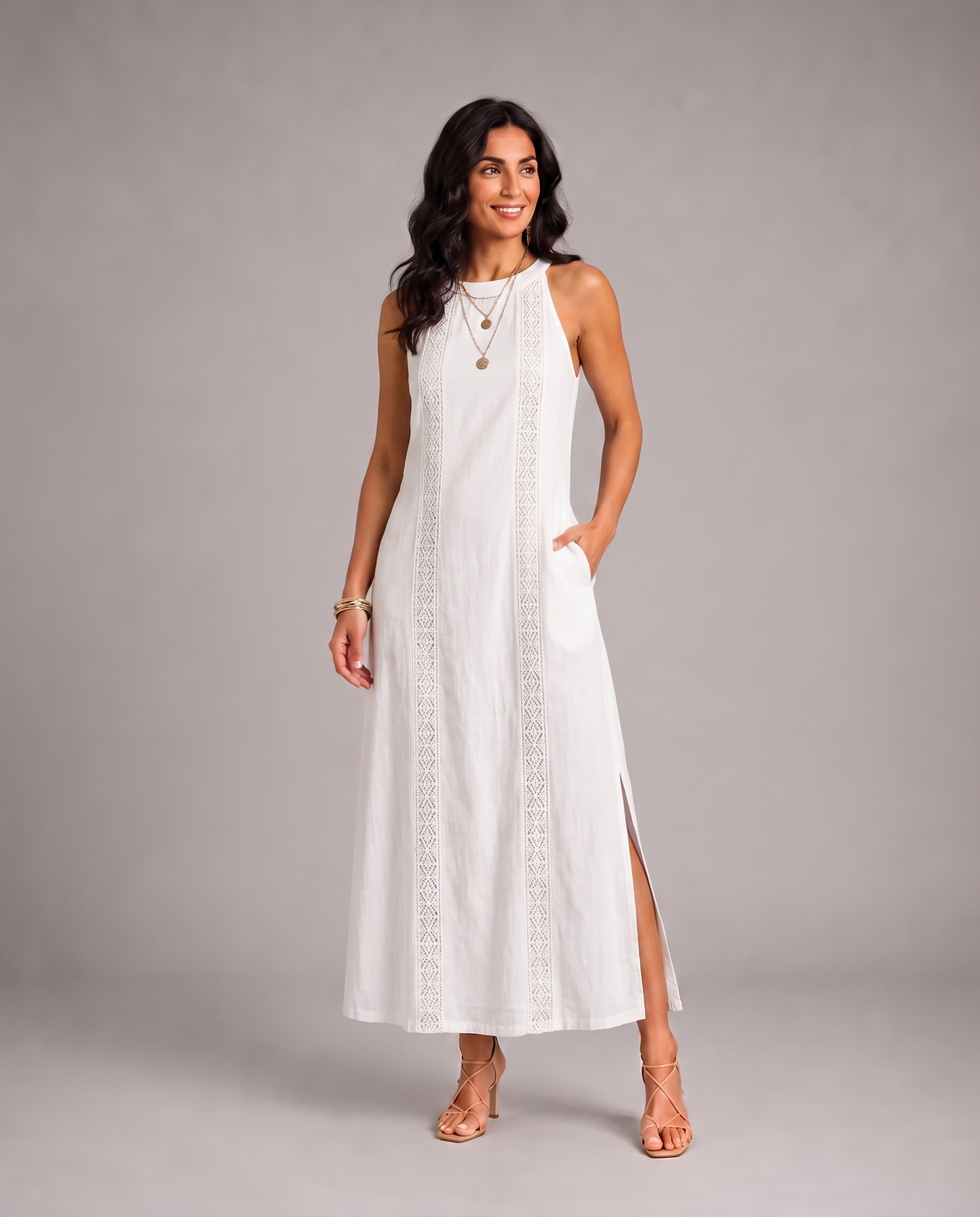 Jimena | Abito Midi Rilassato con Colletto Mao Ricamato