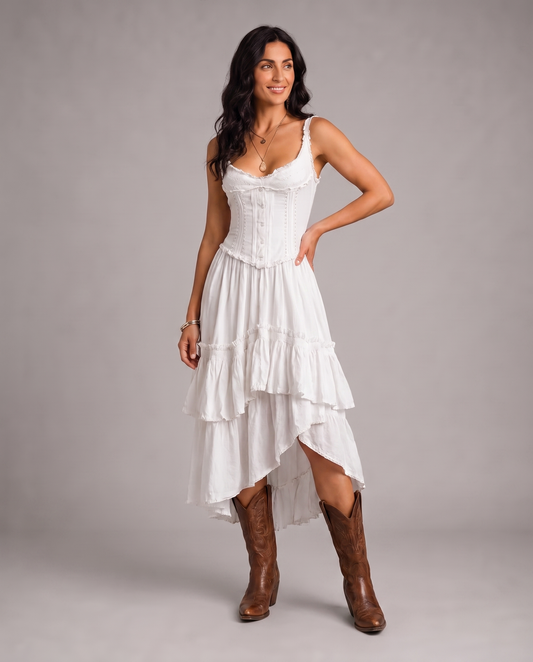 Abito Midi a Strati Boho Retrò con Corsetto e Bordo in Pizzo