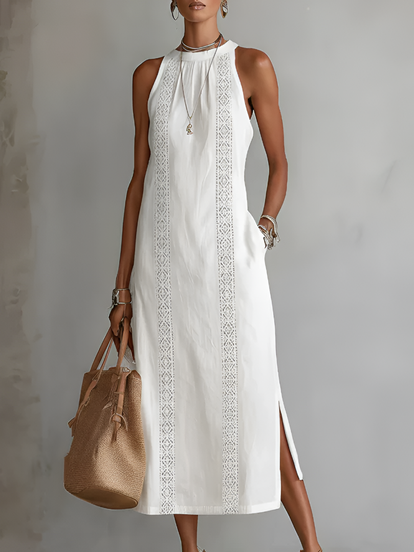 Jimena | Abito Midi in Lino con Collo Mao
