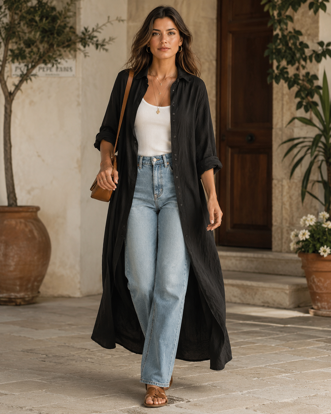 Maxi Abito Camicia Bohémien con Bottoni Frontali