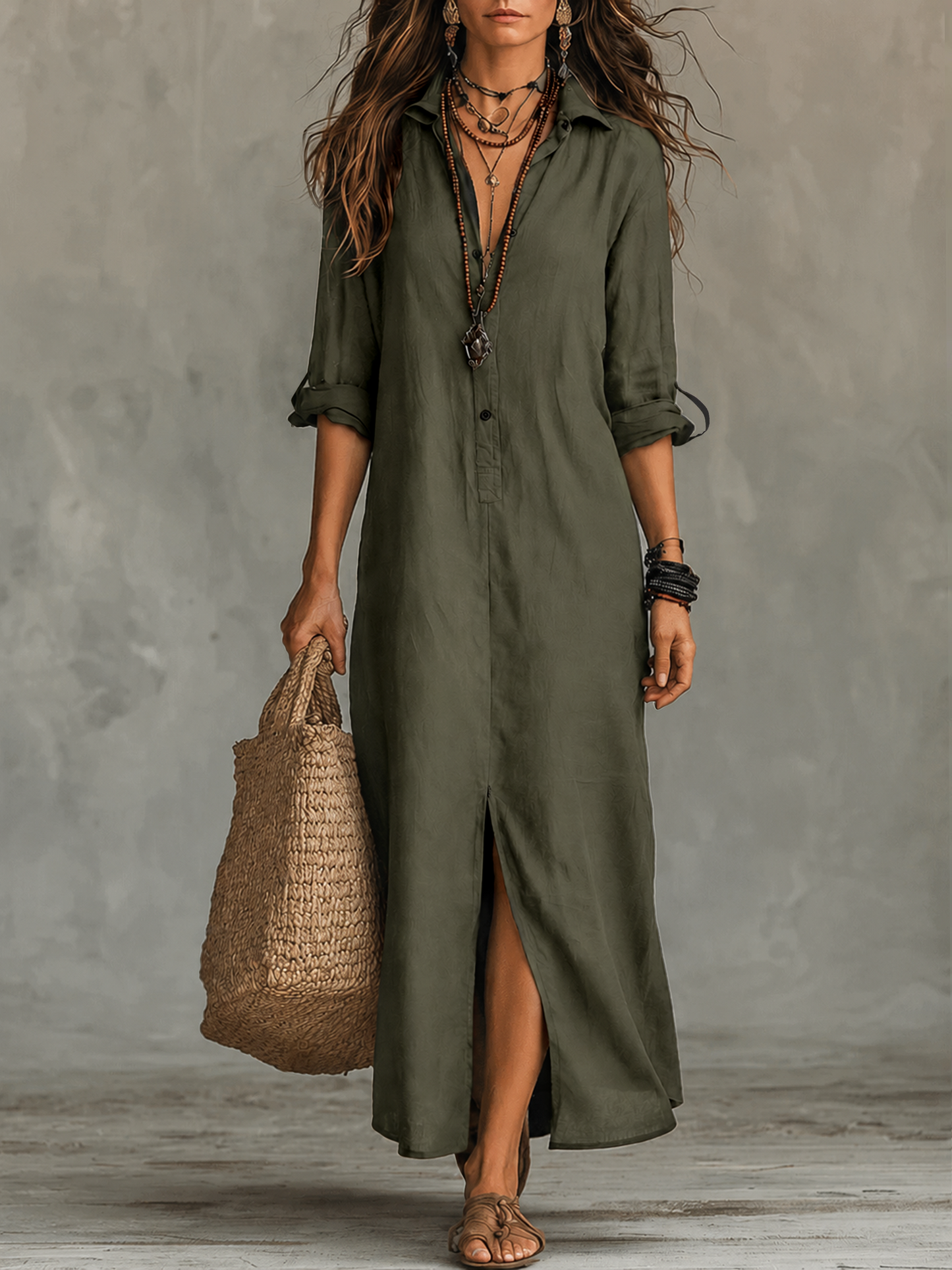 Maxi Abito Camicia Bohémien con Bottoni Frontali