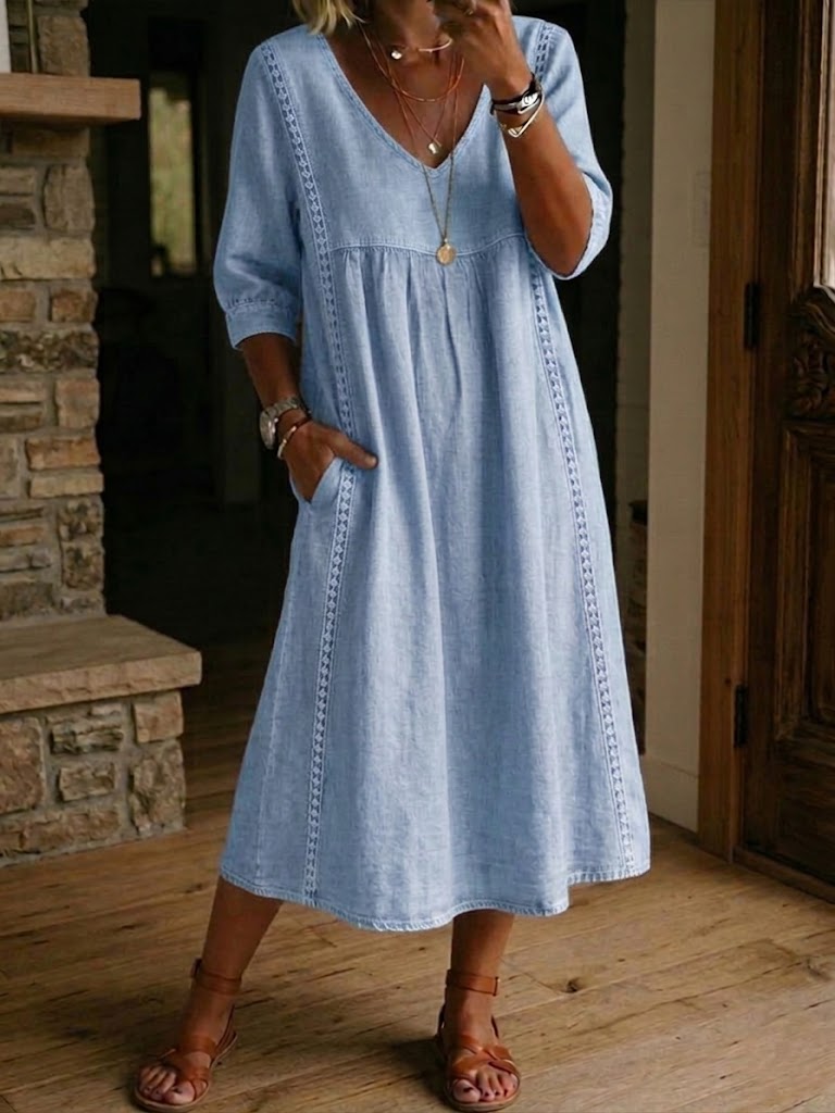 Aurelina | Abito Ampio in Lino e Cotone con Pizzo