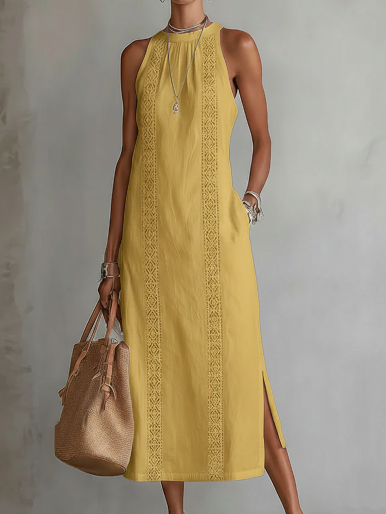 Jimena | Abito Midi Rilassato con Colletto Mao Ricamato