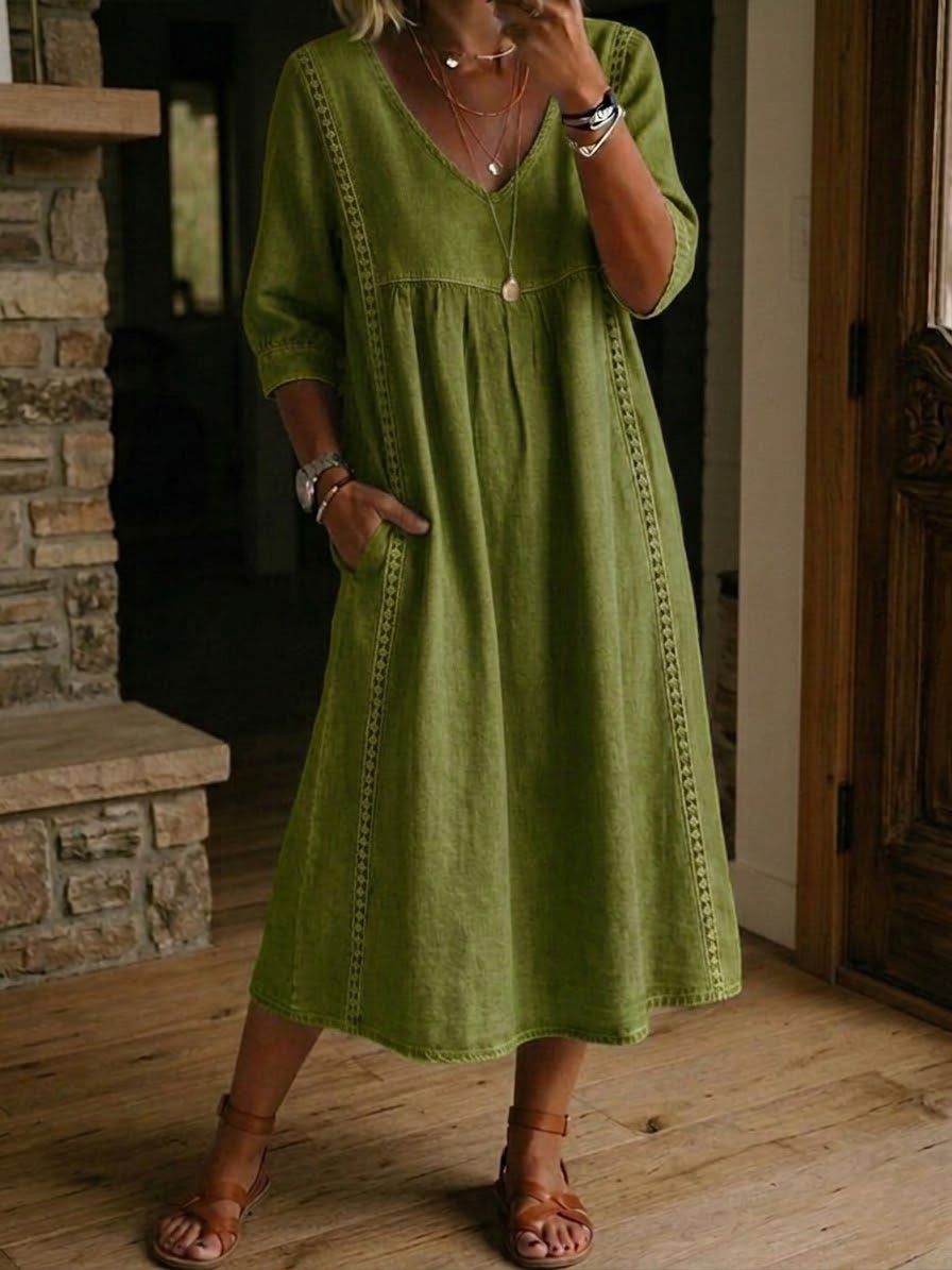Aurelina | Abito Ampio in Lino e Cotone con Pizzo