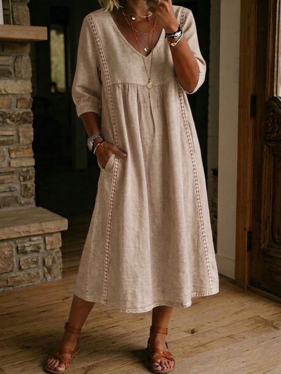 Aurelina | Abito Ampio in Lino e Cotone con Pizzo