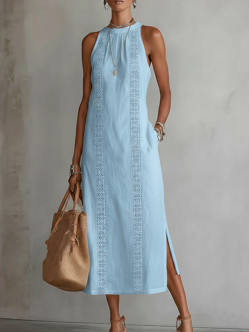 Marina | Vestido midi de lino con cuello mao
