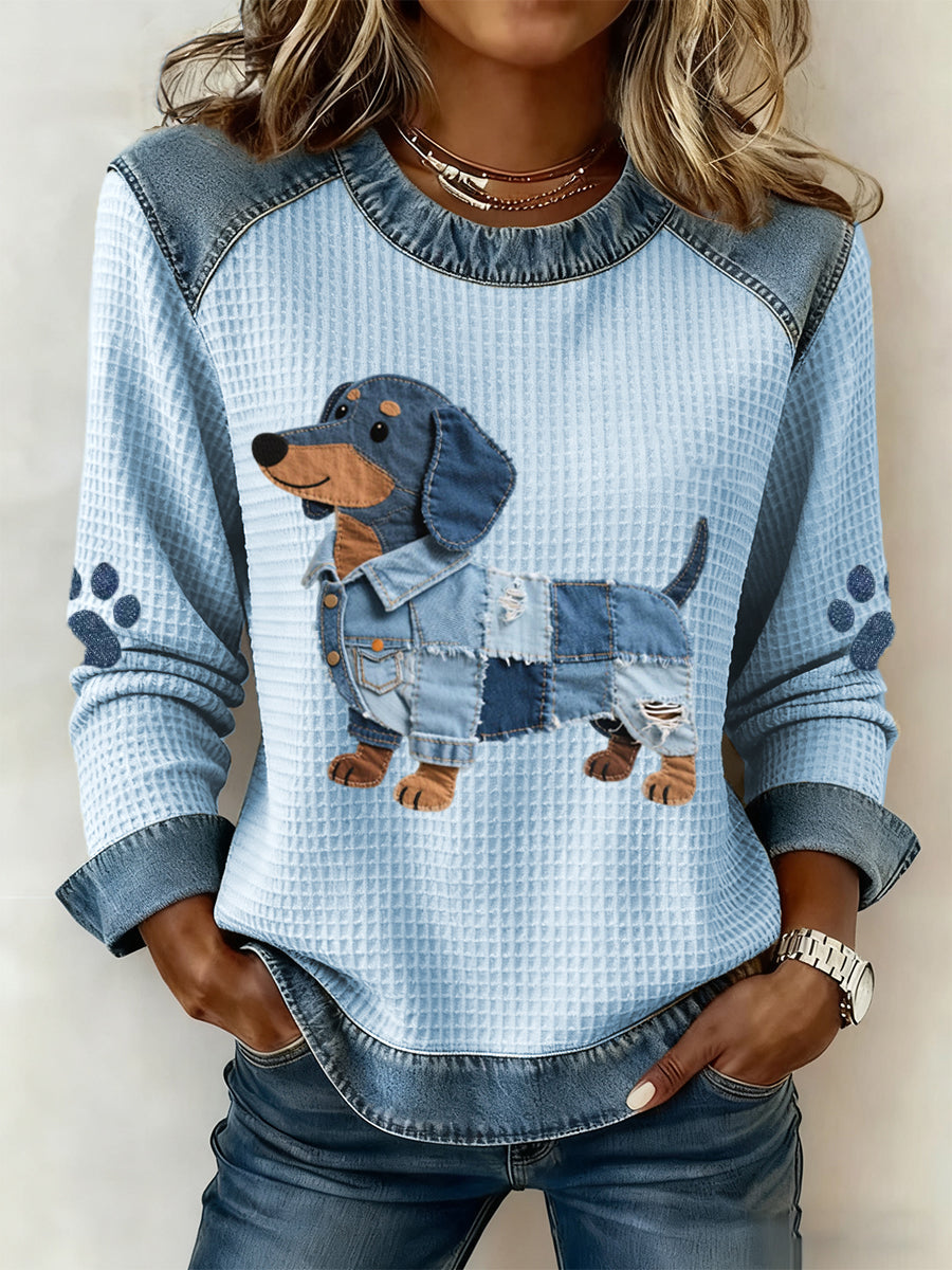 Nuria | Maglione con Bassotto in Denim Patchwork